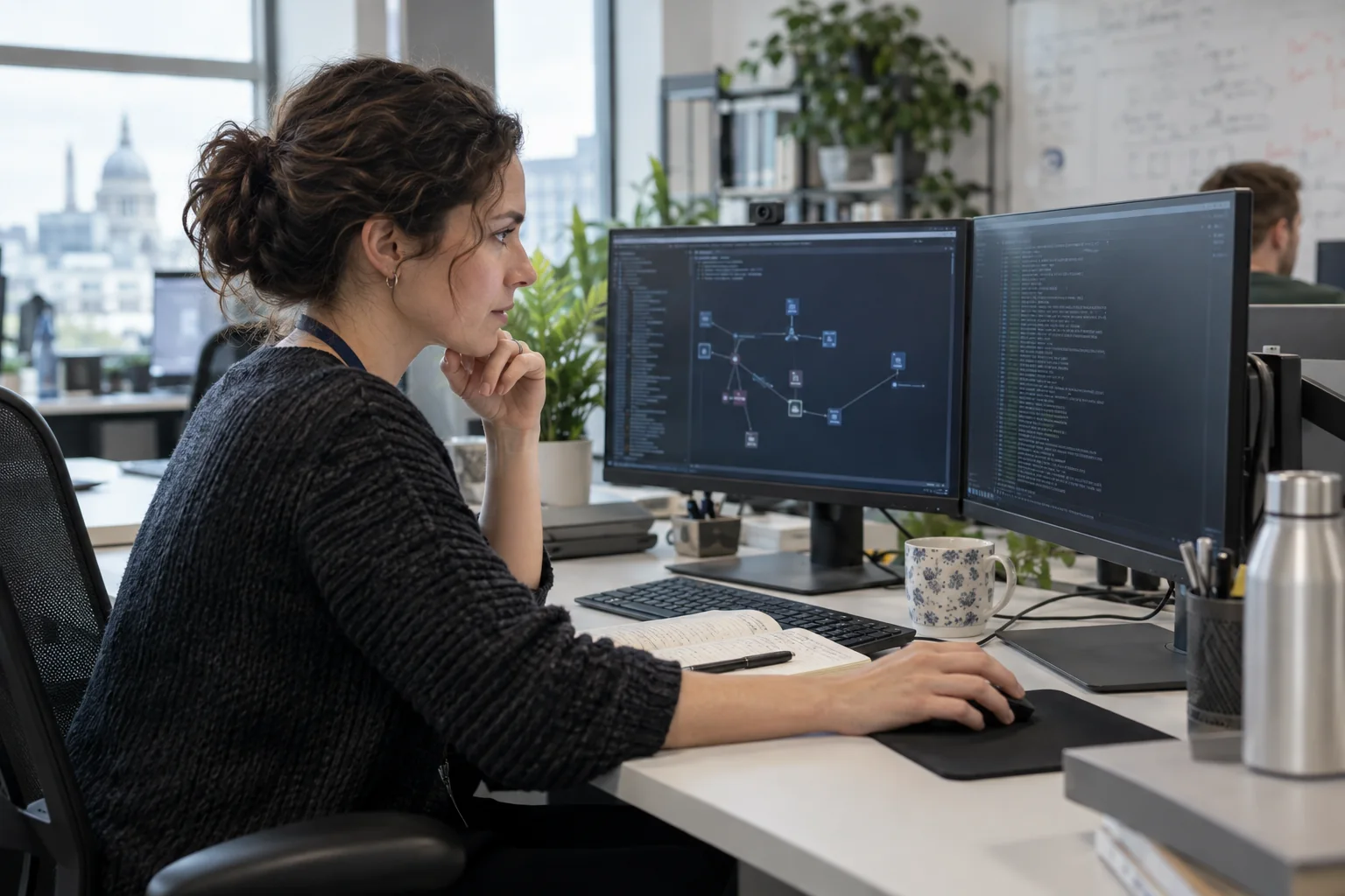 Cybersecurity learner reviewing a fictional security scenario at a desk