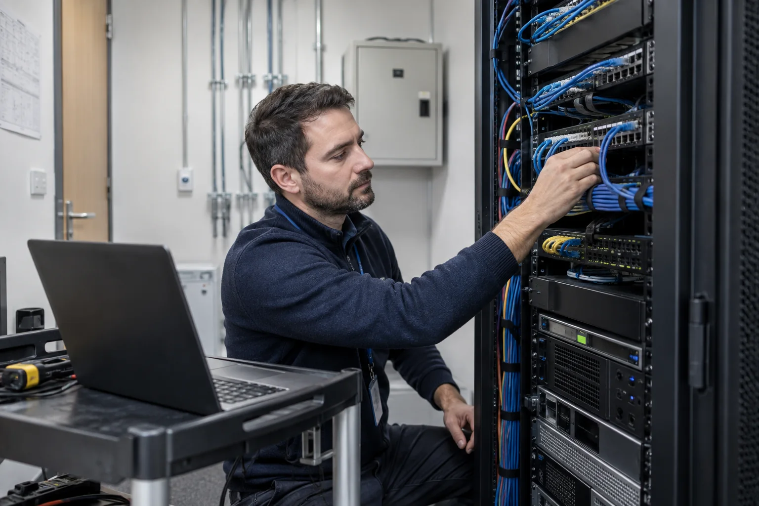 Illustrative photograph of a network engineer checking equipment