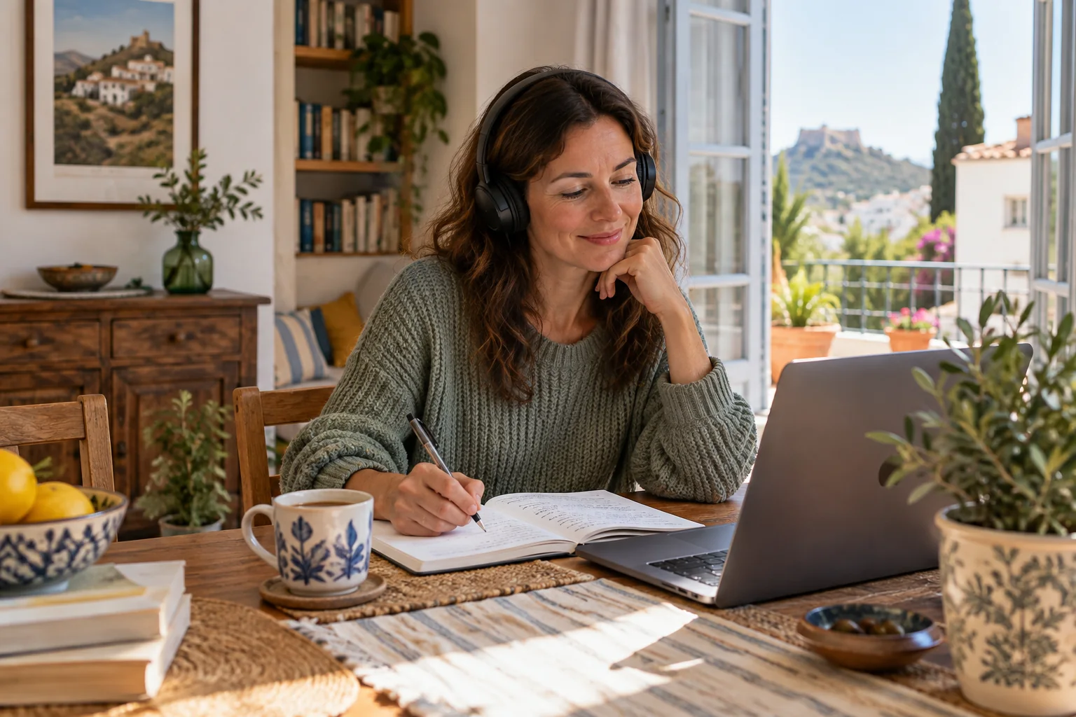 An adult learner practising Spanish at home with headphones, a notebook and a laptop