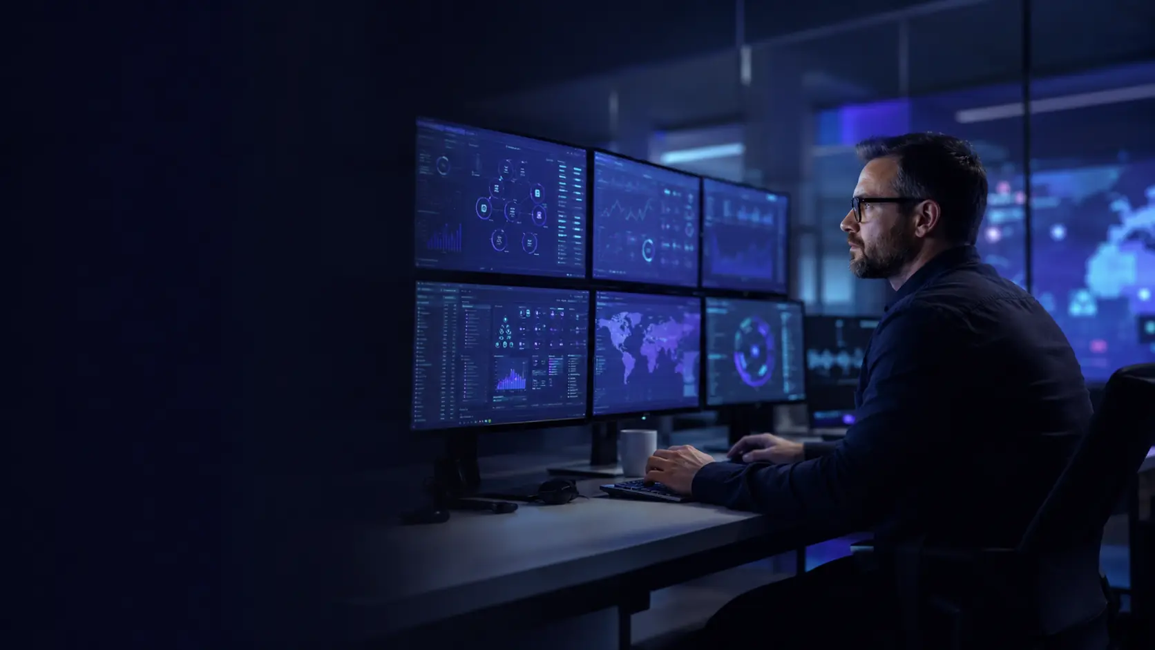 Adult cybersecurity professional reviewing alerts in a modern security operations centre
