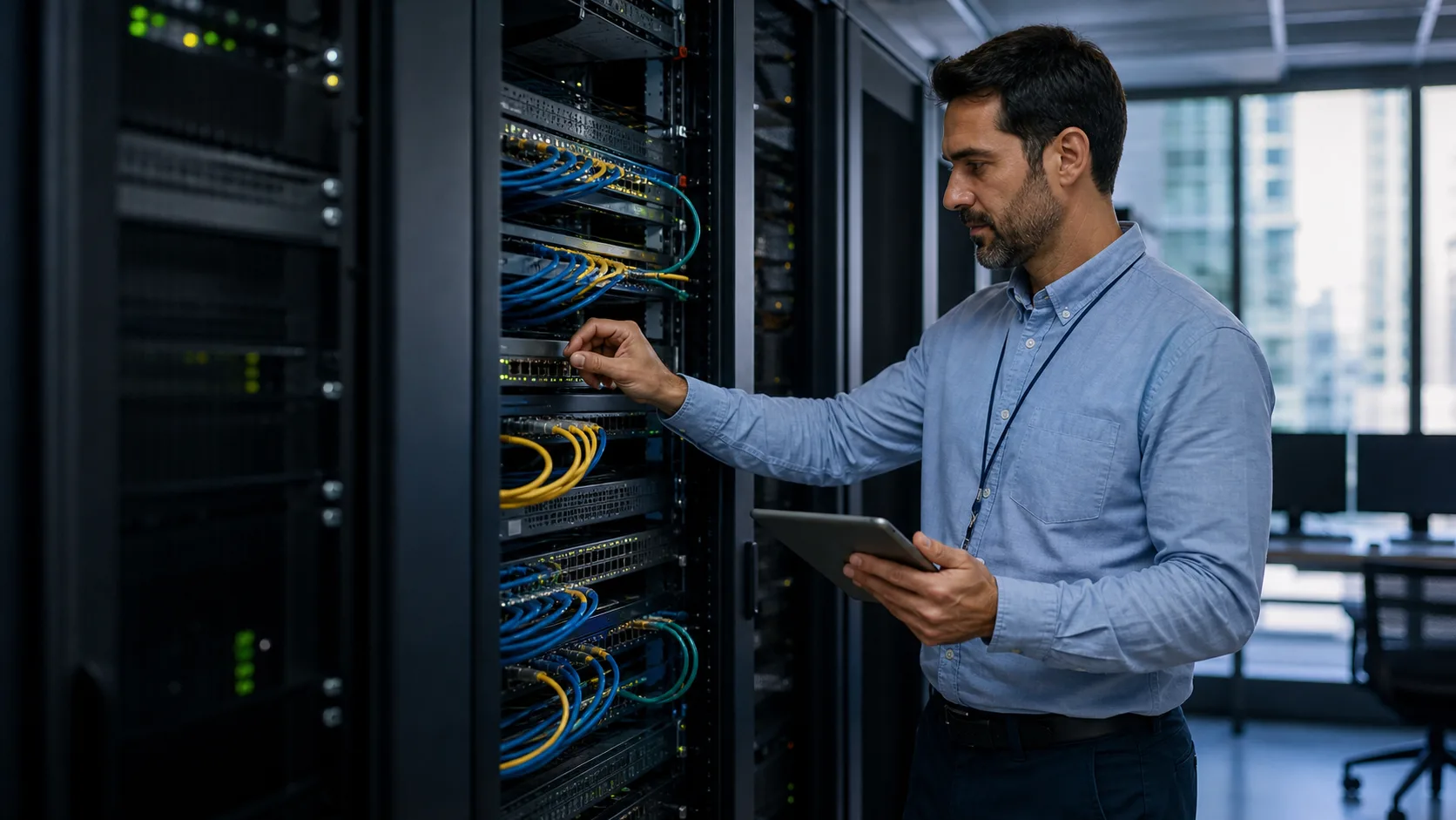 Network administrator checking connections and equipment in a server rack