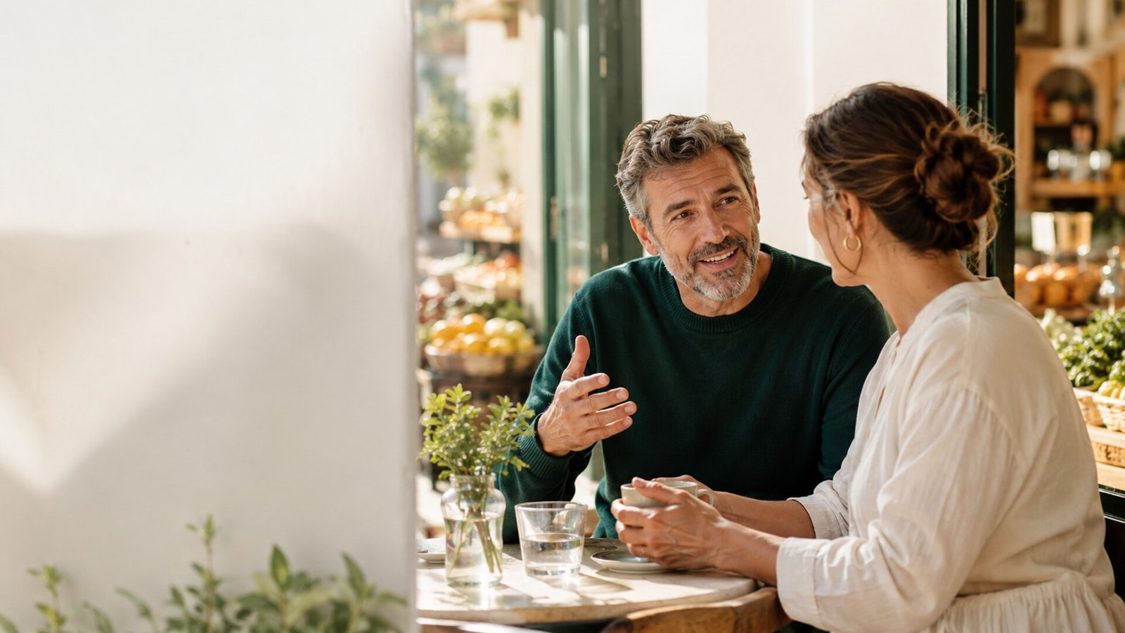 An adult Spanish learner speaking confidently with a local person in a sunlit neighbourhood café in Spain.